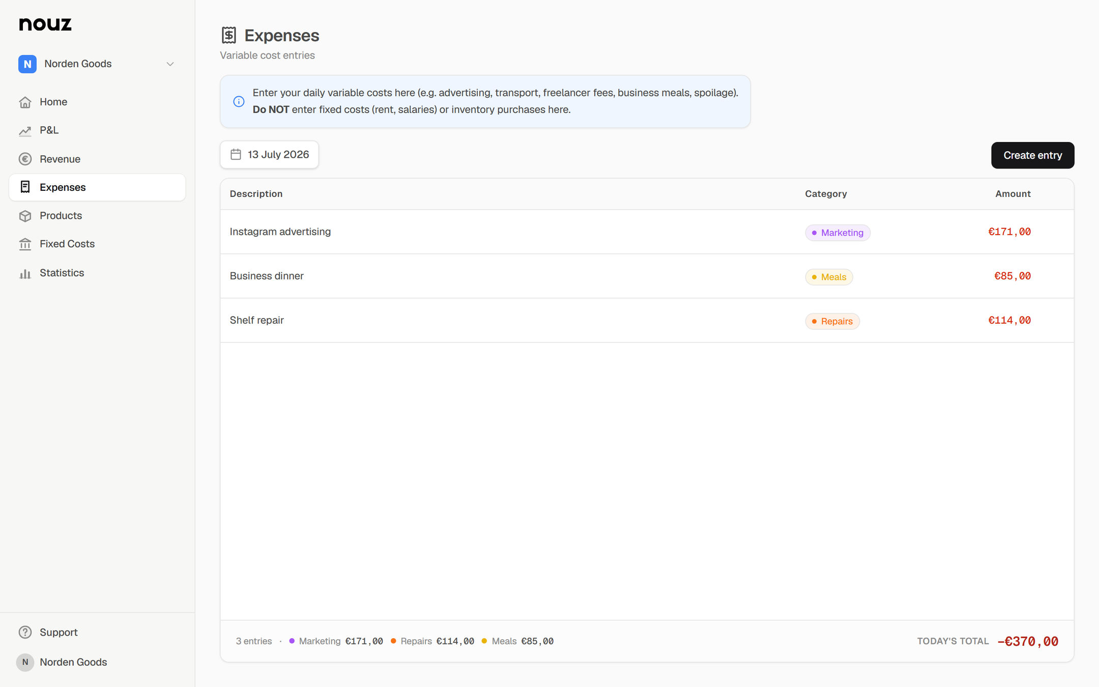 Full nouz app with sidebar navigation open on Expenses: the 13 July 2026 day view lists advertising, business dinner and repair entries totalling −€370,00