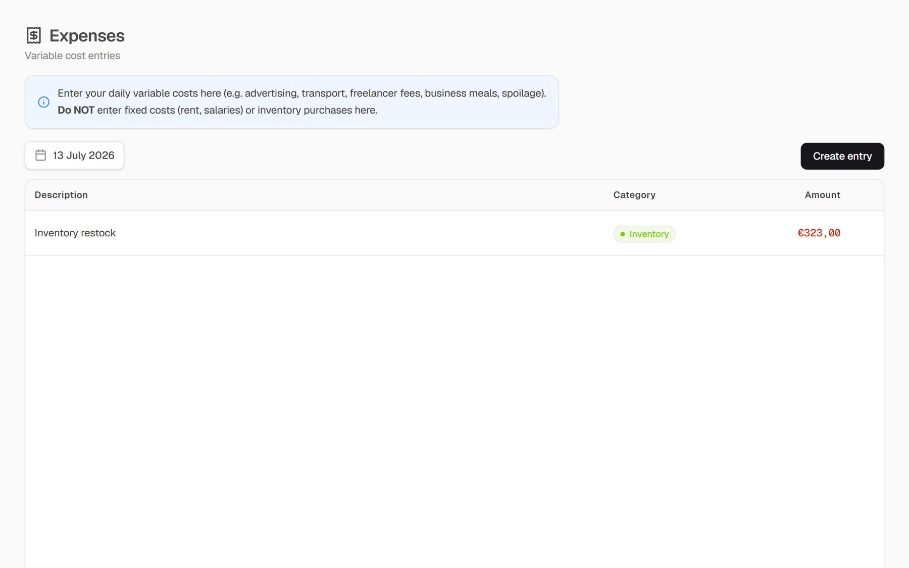 nouz Expenses screen: the day’s variable costs — an inventory restock of €323,00, categorised and totalled