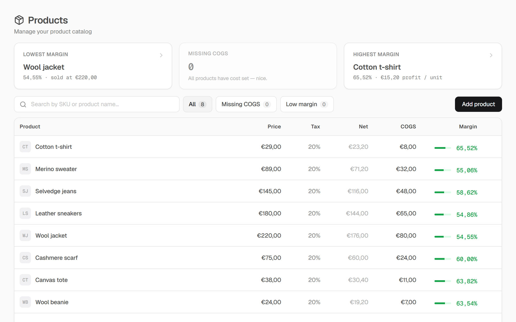 nouz Products screen: retail catalog with price, tax, net, COGS and margin per product — margins from 54,55% to 65,52%