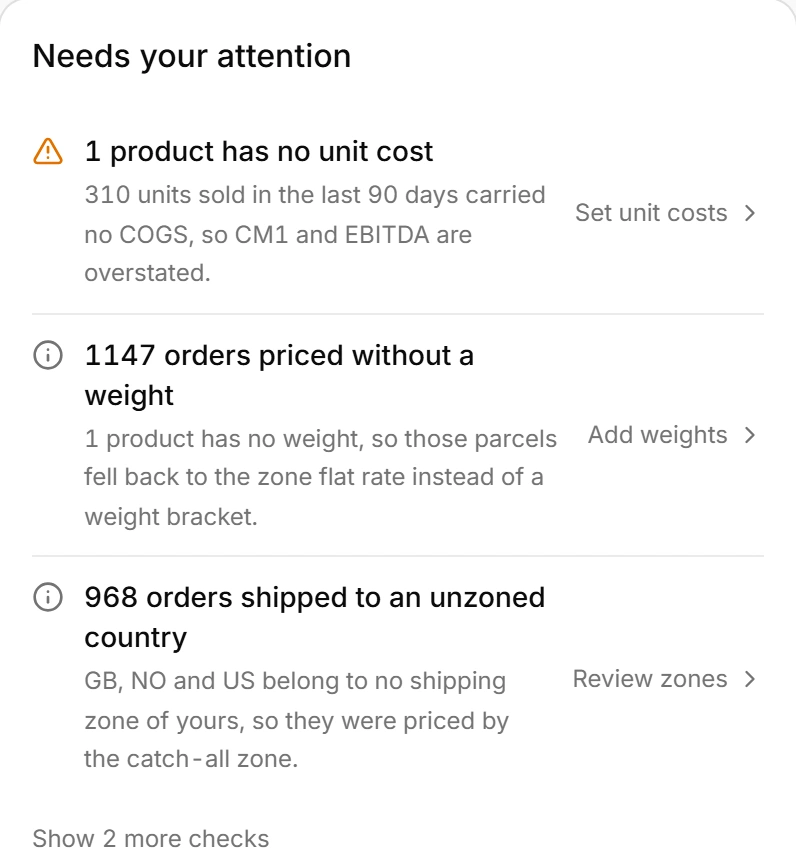 The attention list, naming a product with no unit cost and orders priced without a weight