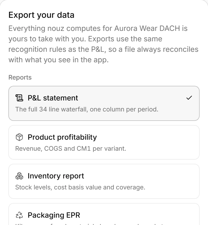 Settings, data export: the P&L statement, product profitability, inventory and packaging EPR reports, each ready to take away