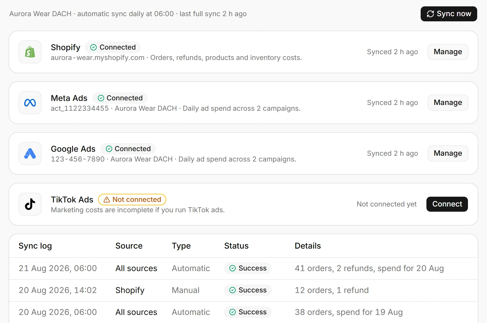Settings, integrations: Shopify, Meta and Google connected and synced, TikTok not connected yet, with the sync log underneath