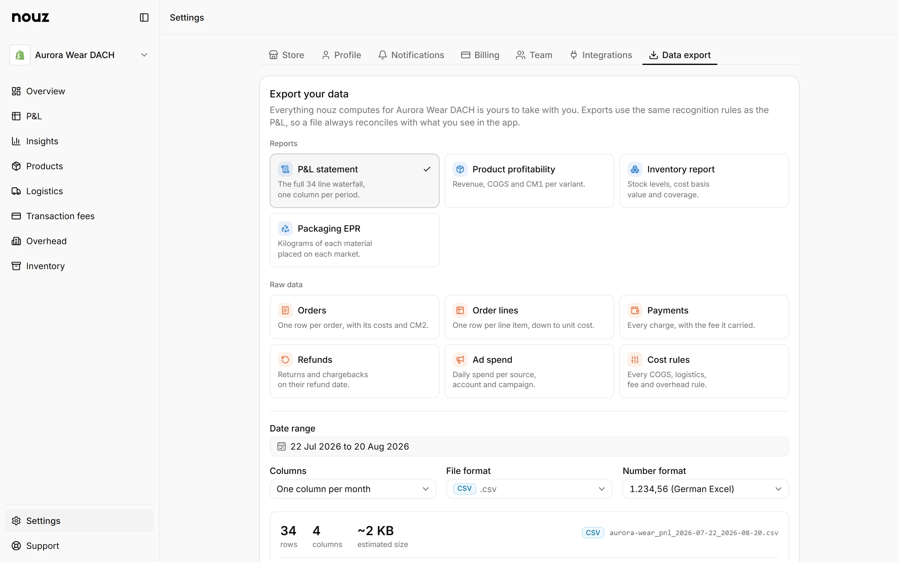Data export: P&L, products, orders, payments and more as CSV, Excel or JSON