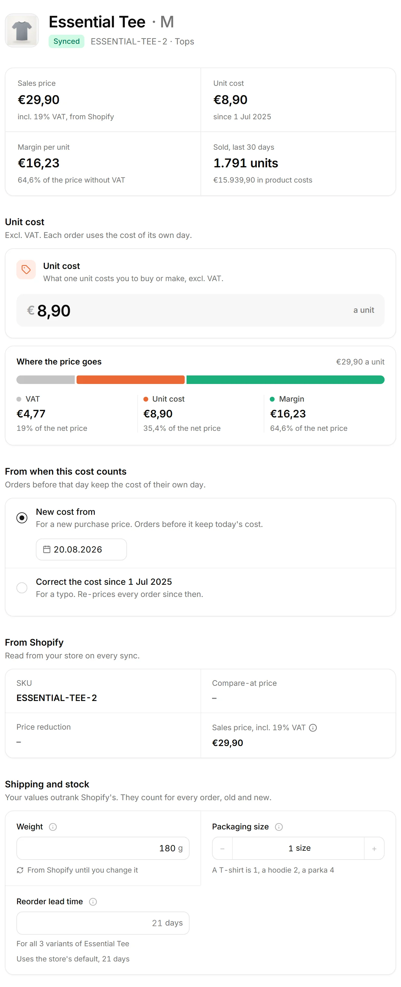 One variant's page in nouz: its SKU, its unit cost, the day a new cost counts from, and its weight