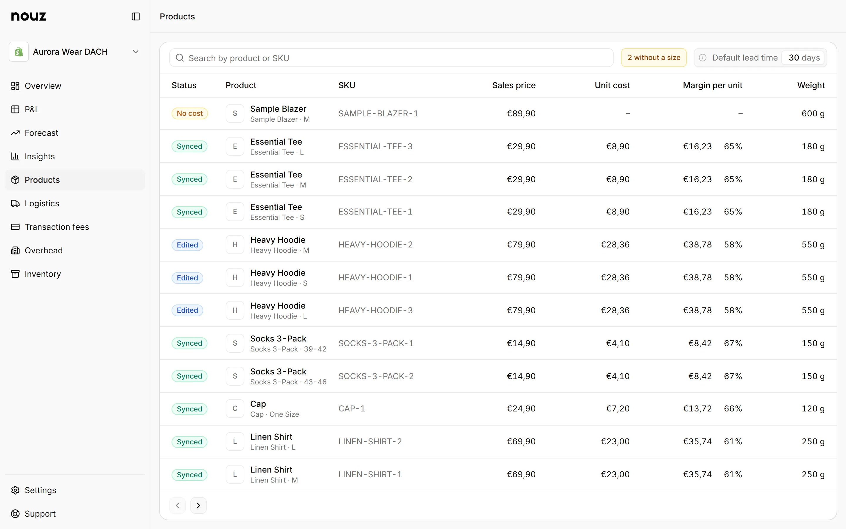 The Products page