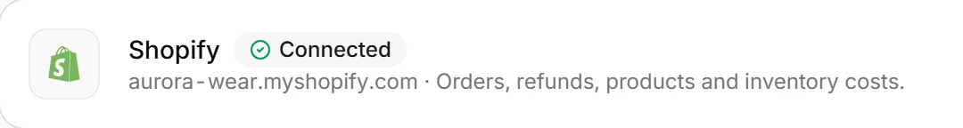 The Shopify row in Settings, Integrations: Connected, aurora-wear.myshopify.com, orders, refunds, products and inventory costs.